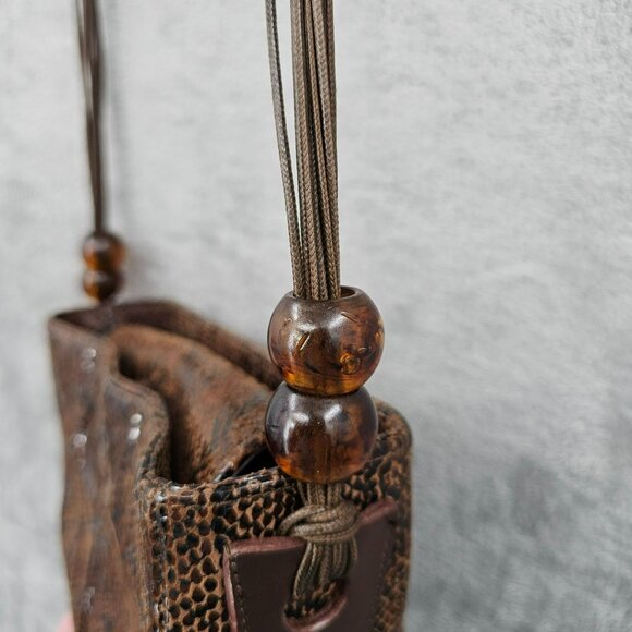 Basix New York Snake Print Textured Leather Shoulder Bag Brown Black Beads Strap - Picture 5 of 14